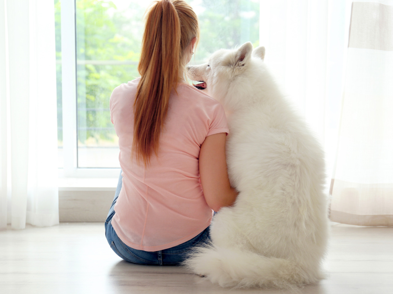 Meisje en witte hond zitten op de vloer voor schuifraam