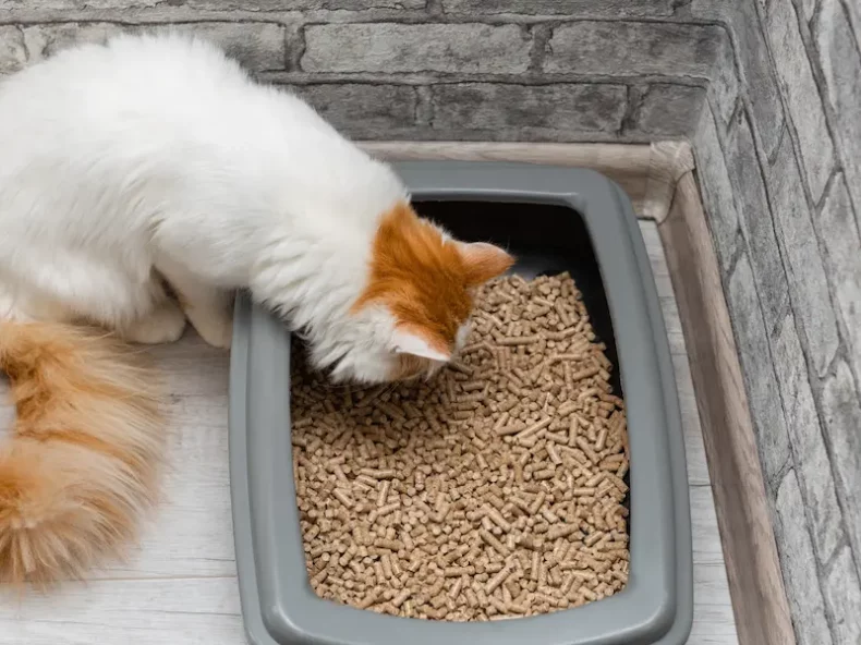 Un chat stressé mange sa litière