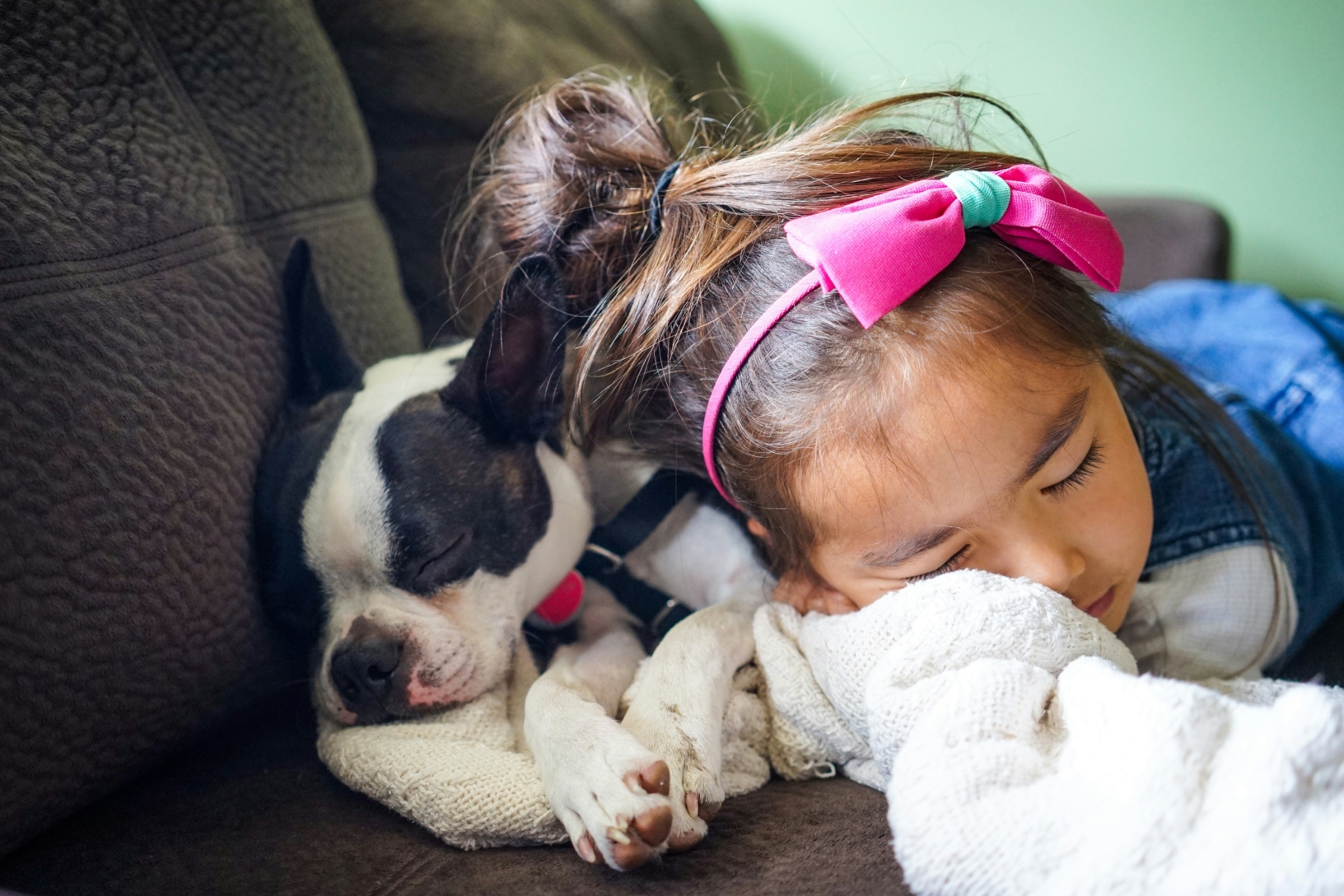 une fille qui dort avec un chien sur un canapé