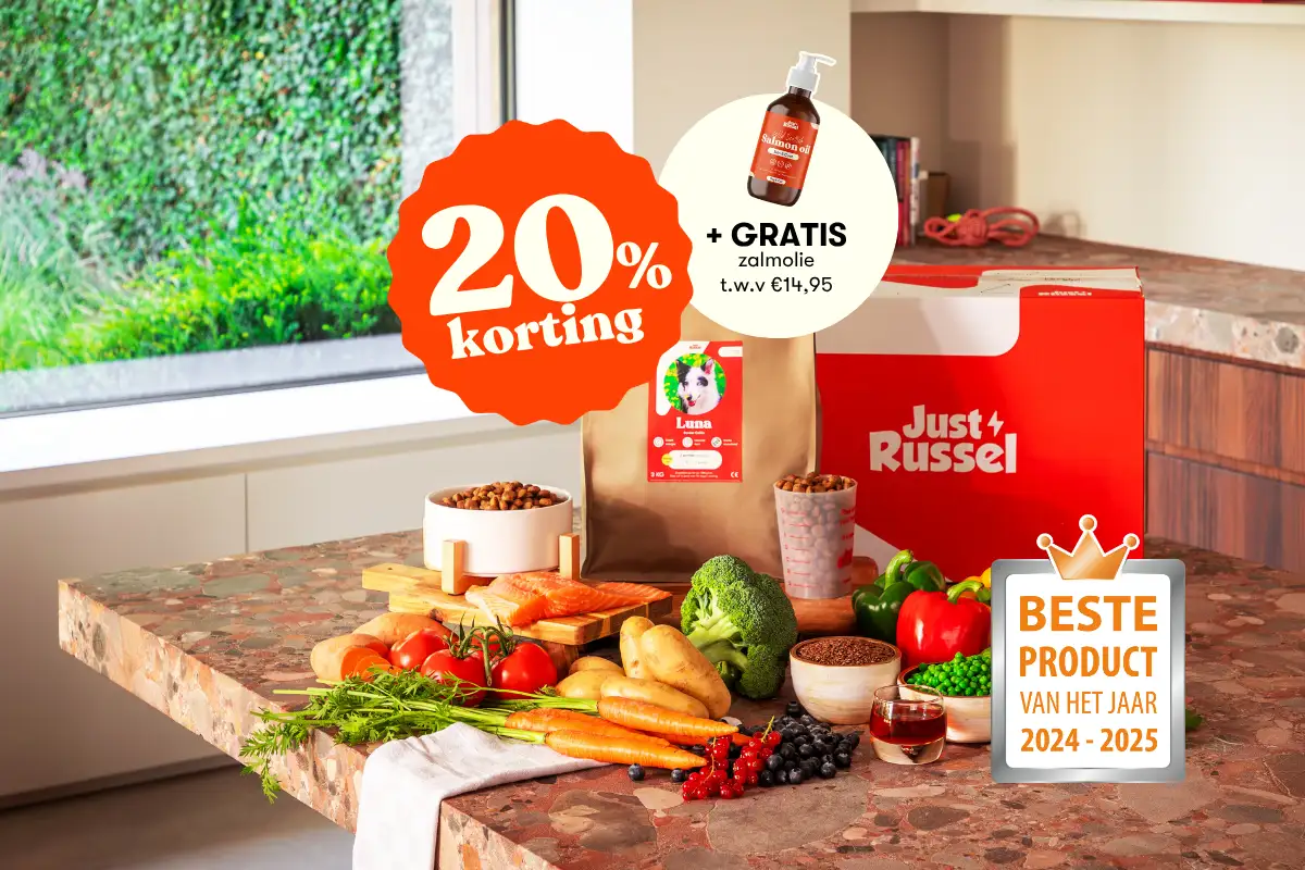 Just Russel zak met verse ingrediënten en 20% korting en gratis zalmolie
